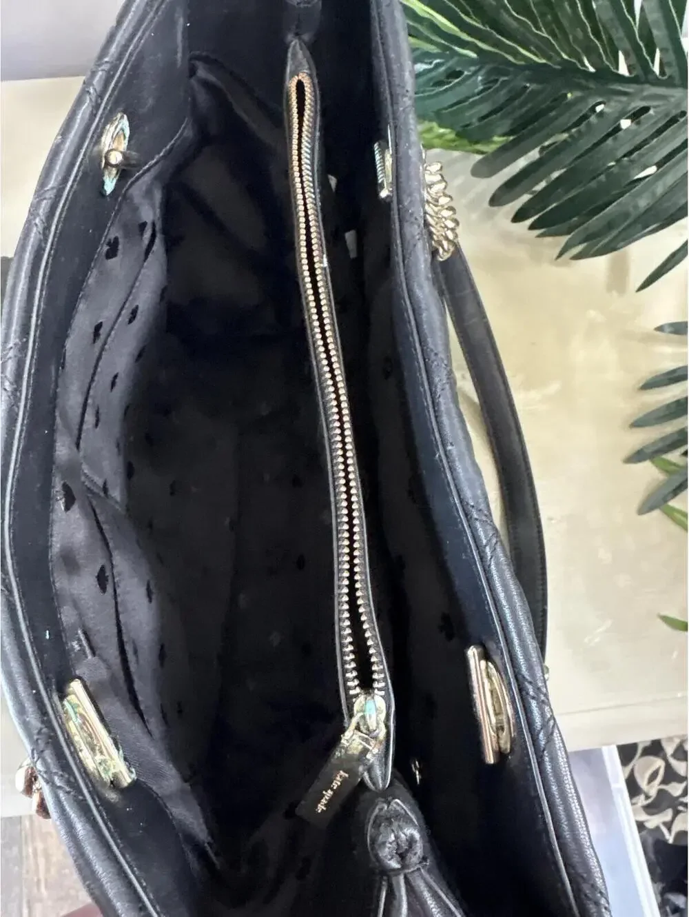 Kate Spade Black Quilted Leather Tote Bag with Chain Handles Purse Ladies